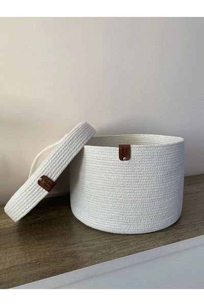 Sevdam Sepet White Large Size Multi-Purpose Basket with Lid, Decorative Basket, Cotton Basket, Wicker Basket, Rope Basket
