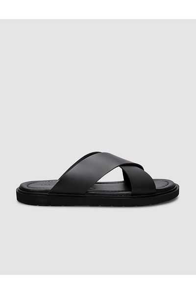 Cabani Black Cross-Strapped 100% Genuine Leather Men's Slippers