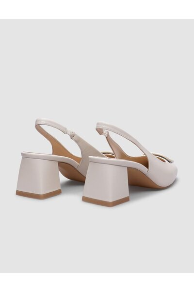 Cabani 100% Genuine Leather White Buckle Detailed Women's Heeled Shoes