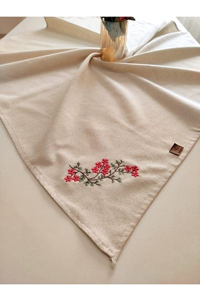 denizli hatırası Buldan Raw Linen Authentic Soft Embroidered 115X115 cm Tablecloth