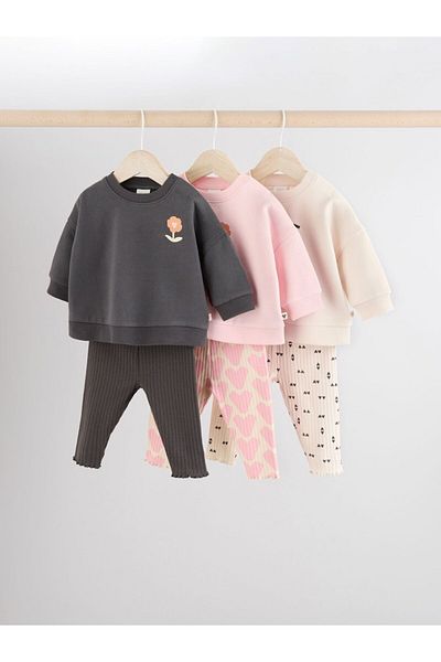 Next Baby 3-Piece Cotton Floral Patterned Set - Black Pink Long Sleeve Bottom and Top