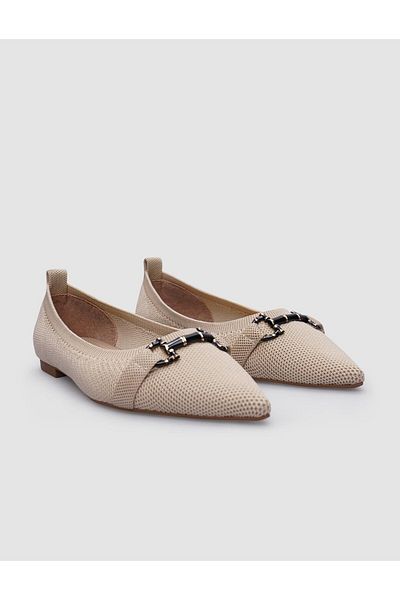 Cabani Beige Knitwear Women's - Pointed Toe Ballerinas with Buckle Detail