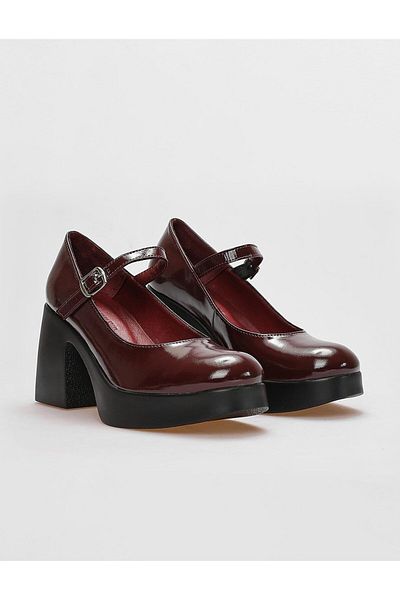 Cabani Genuine Leather Claret Red Patent Leather Women's Thick Heeled Shoes