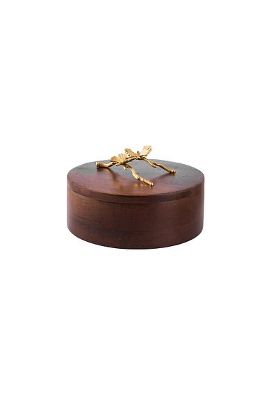 Dania Round wooden box with gold brooch, size 20 cm