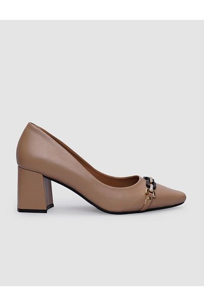 Cabani Beige Colored 100% Genuine Leather Women's Heeled Shoes - Buckle