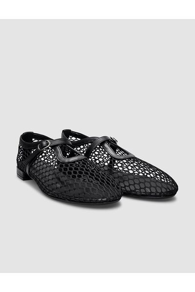 Cabani Black Genuine Leather - Women's Ballerinas with Mesh Buckle Detail