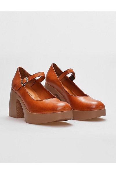 Cabani Genuine Leather Tan Women's Thick Heeled Shoes