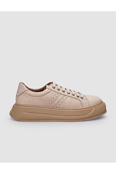 Cabani %100 Hakiki Deri Bej Bağcıklı Kadın Spor Ayakkabı