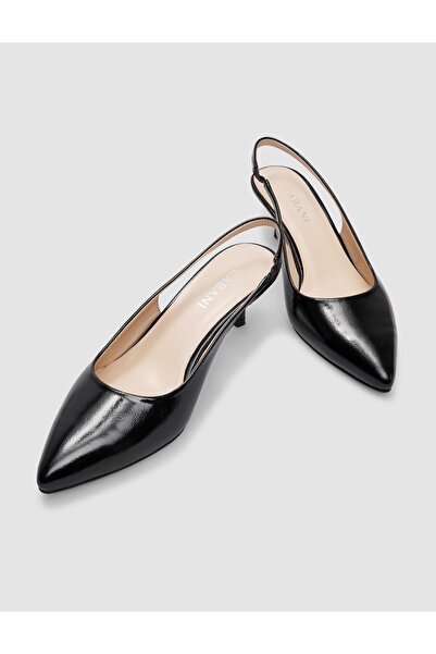 Cabani Genuine Leather Black Patent Leather Women's Heeled Shoes with Elastic Back
