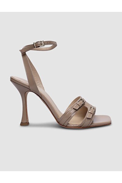 Cabani %100 Hakiki Deri Bej Rugan Tokalı Kadın Topuklu Ayakkabı