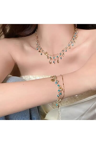 Minnoş Dükkan Zirkonya Deniz Kabuklu Mavi Charm Kolye Bileklik Set