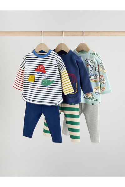 Next Baby Cotton Blue Gray Printed Long Sleeve 3-Piece Bottom Top Set