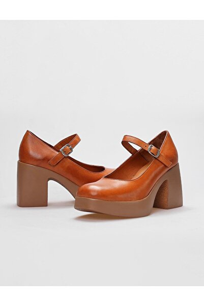 Cabani Genuine Leather Tan Women's Thick Heeled Shoes