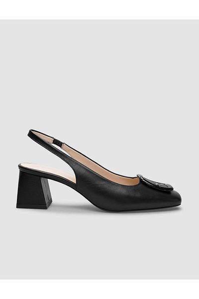 Cabani 100% Genuine Leather Black Buckle Detailed Women's Heeled Shoes