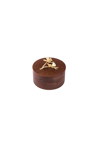 Dania Round wooden box with gold brooch, size 15 cm