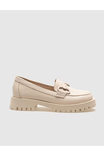 Cabani Genuine Leather Beige Buckle Women's Casual Shoes