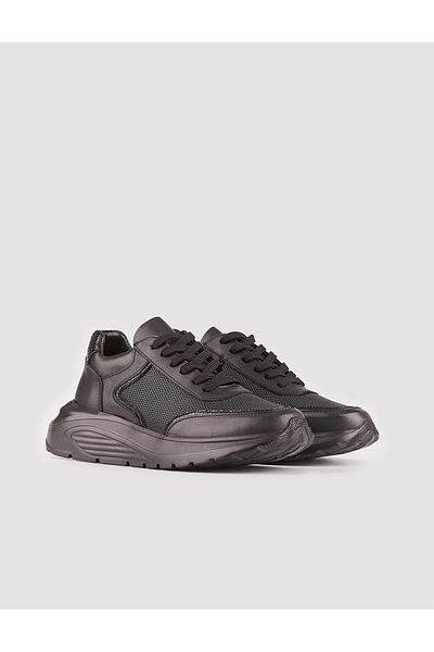 Cabani Genuine Leather Black Lace-Up Women's Sneakers