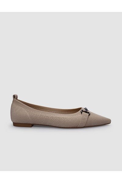 Cabani Beige Knitwear Women's - Pointed Toe Ballerinas with Buckle Detail