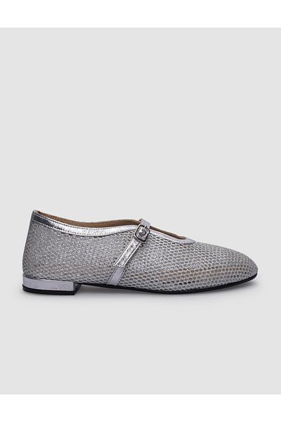 Cabani Gray Genuine Leather Buckle Mesh Women's Ballerinas