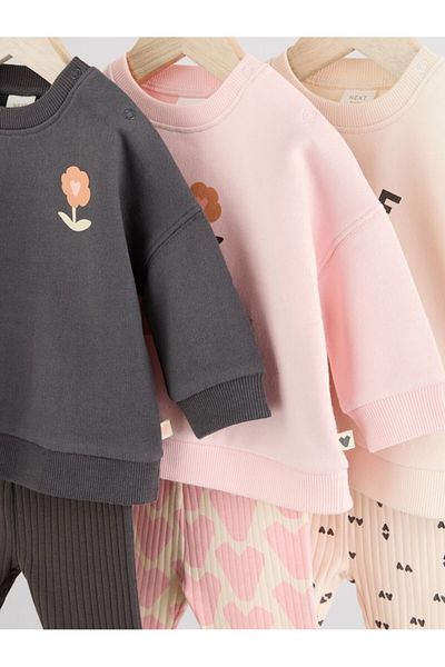 Next Baby 3-Piece Cotton Floral Patterned Set - Black Pink Long Sleeve Bottom and Top