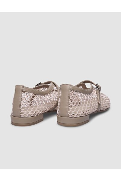Cabani Beige Colored 100% Genuine Leather - Women's Ballerinas with Mesh Buckle Detail