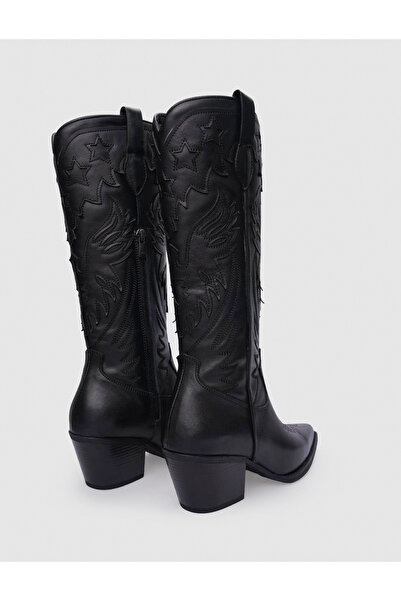 Cabani Black Genuine Leather Zippered Women's Cowboy Boots