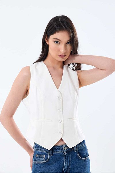 yeditepe fashion White Women's V-Neck Stylish Woven Vest