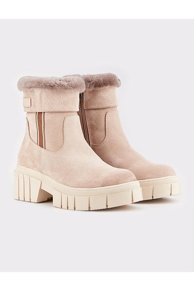 Cabani Women's Suede Genuine Leather Beige Zippered Daily Boots