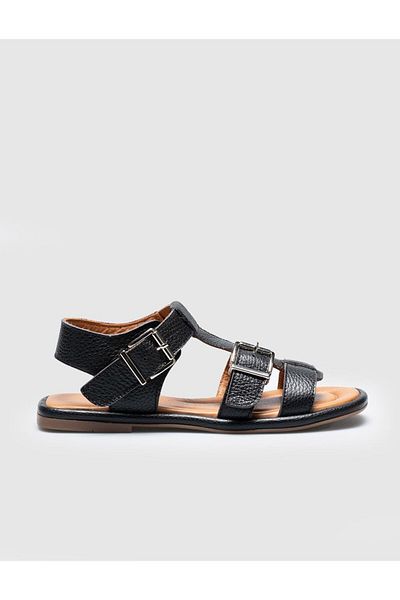 Cabani Genuine Leather Black Buckle Women's Flat Sandals