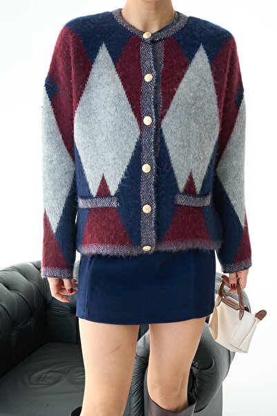 Nisantasimoda Women's Crew Neck Diamond Patterned Soft Cardigan