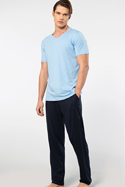 Cacharel نسيج القطن والمودال، رقبة على شكل حرف V، كم قصير، طقم بيجامة رجالي