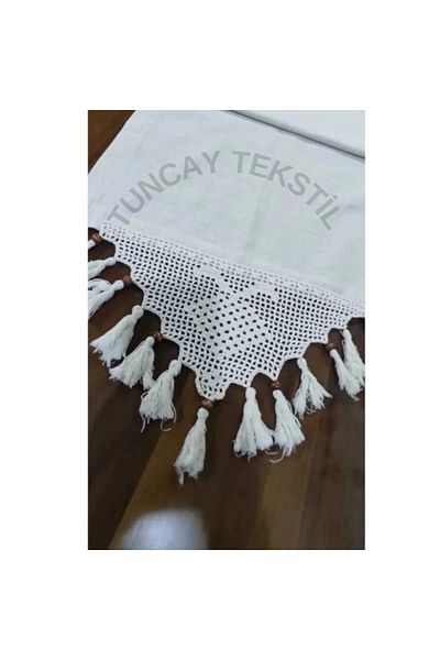 TUNCAY TEKSTİL Linen Coffee Table Table Top Cloth - Hand Lace and Tasseled Runner, Ranir CoverBuldanWork