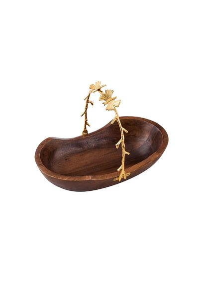 Dania Oval wooden sweet dish with golden handle, size 17 x 30 cm