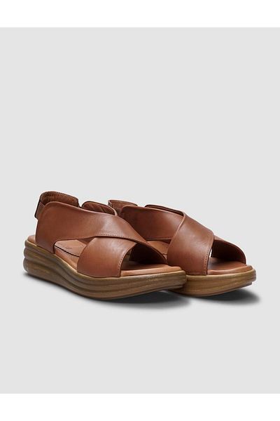 Cabani 100% Genuine Leather Tan Women's Cross Sandals with Elastic Back