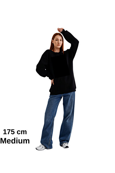 Oversize 3 Iplik Şardonlu Sweatshirt Düz Kadın Siyah