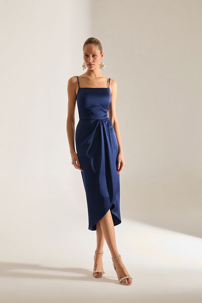 BETTY & SAM Solomia Draped Straps Dark Blue Evening Gown