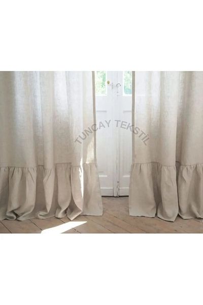 TUNCAY TEKSTİL 100% Natural Linen Ruffled Curtain Width X Length