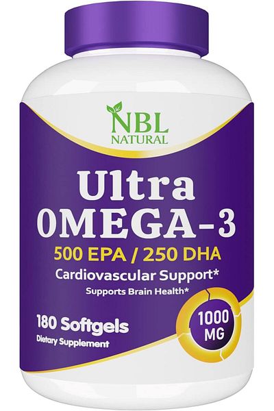 NBL Natural زيت السمك أوميجا 3 فائق الجودة 1000 مجم 500 إي بي إيه 250 دي إتش إيه، لدعم القلب والأوعية الدموية، 180 كبسولة هلامية