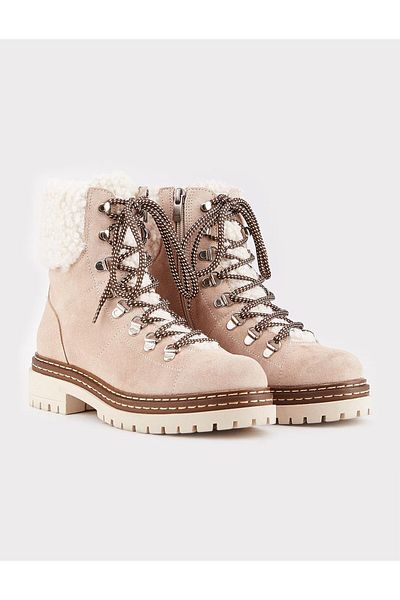 Cabani Genuine Leather Beige Lace-up Zippered Women's Casual Boots