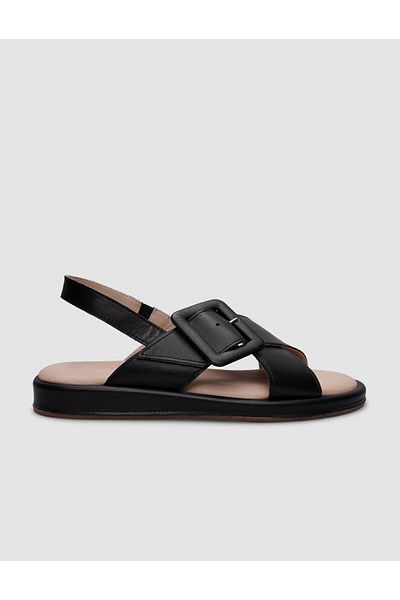 Cabani Black Genuine Leather - 100% Buckle Women's Daily Sandals