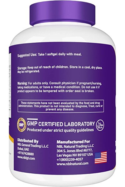 NBL Natural زيت السمك أوميجا 3 فائق الجودة 1000 مجم 500 إي بي إيه 250 دي إتش إيه، لدعم القلب والأوعية الدموية، 180 كبسولة هلامية