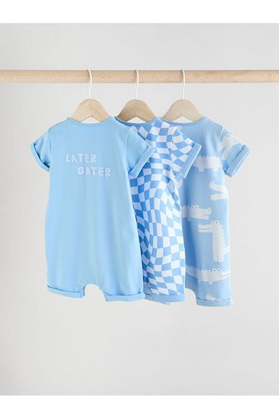 Next Baby 100% Cotton Blue Crocodile Patterned 3 Piece Romper Set
