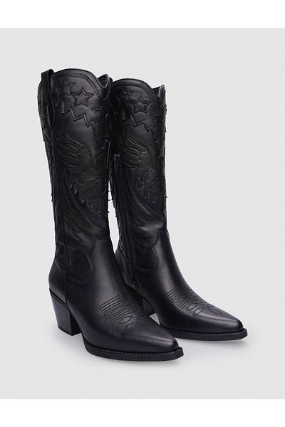 Cabani Black Genuine Leather Zippered Women's Cowboy Boots