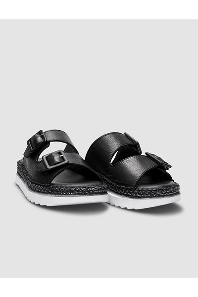 Cabani 100% Genuine Leather Black Double Buckle Women's Slippers