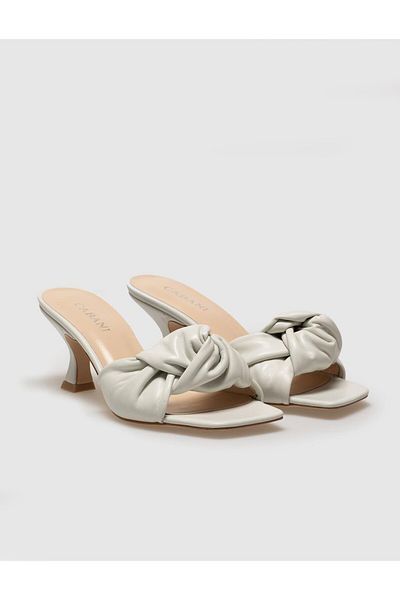 Cabani Genuine Leather Beige Women's Thin Heeled Slippers