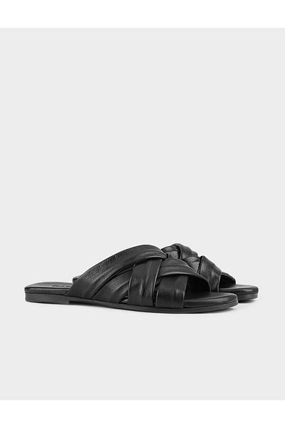 Cabani Genuine Leather Black Women's Slippers with Cross Straps