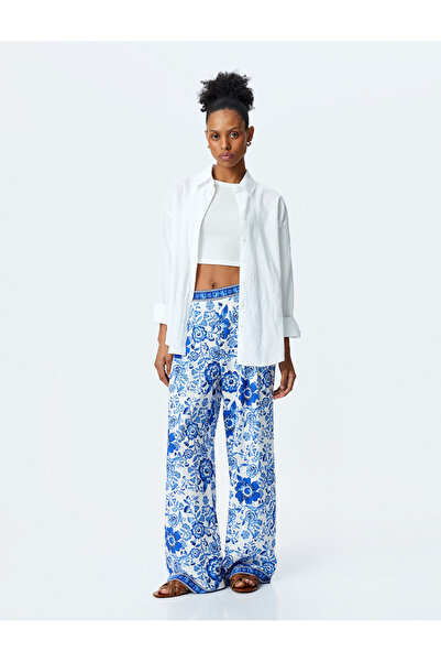Koton Çiçekli Yüksek Bel Geniş Paça Viskon Pantolon