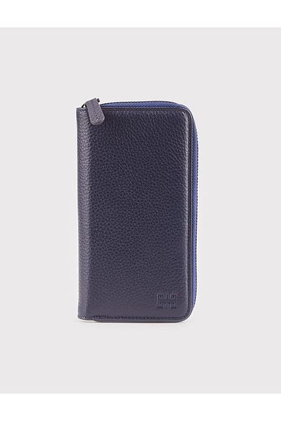 Cabani Genuine Leather Zippered Navy Blue Wallet with Phone Compartment
