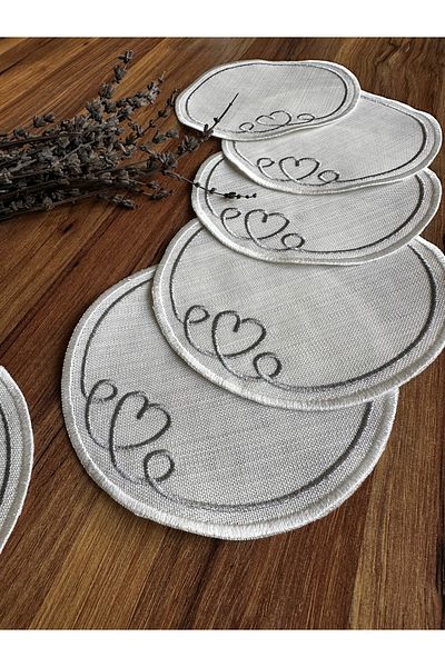 NURHAN HOME COLLECTION Hearted Silver Embroidered Round Cocktail Presentation Napkin