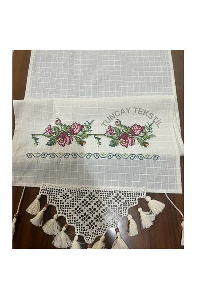 TUNCAY TEKSTİL Hand Lace Tasseled Cross Stitched Runner Ranir Cover Buldan Work Monika